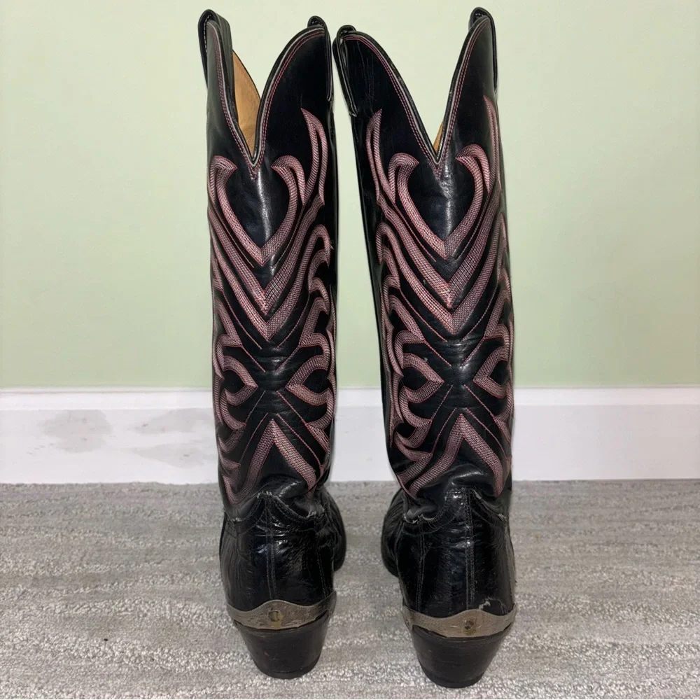 VTG Tony Lama Black Embroidered Eel Skin Leather Metal Cowboy Boots Men’s Sz 9 D - Picture 5 of 11